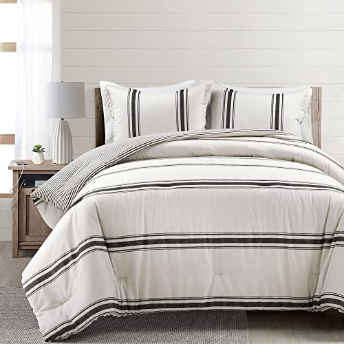 Lush Decor Farmhouse Stripe Reversible Cotton Comforter Set, 3 Piece Set, King, Black - Cozy Farmhouse Bedding Set - Rustic Decor - Striped Comforter - Modern Farmhouse Bedroom Decor - color: Black, size: King