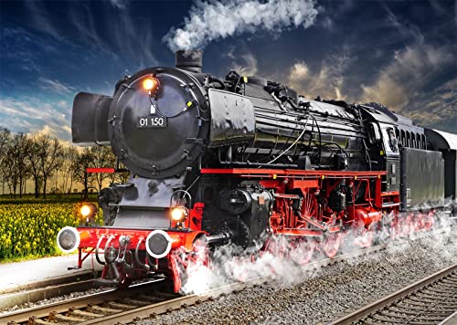 BELECO 20x10ft Fabric Vintage Steam Locomotive Train Photography Backdrop Old Steam Train Railroad Track Spring Natural Scenery Background for Train Theme Party Decorations Kids Adults Photo Props - size: 20x10FT