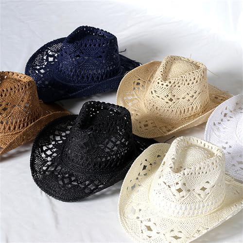 Straw Cowboy Hats Ventilated Hollow Round Foldable Sun Hats for Women Summer Western Cowgirl Beach Hat Photo Prop - color: Warm White