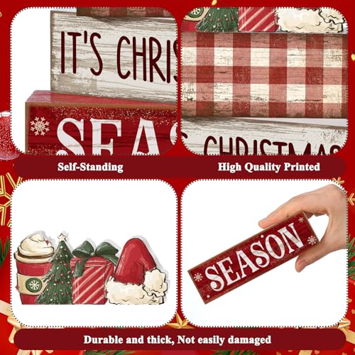 Lineshading 4 Pcs Christmas Table Decoration Wooden Hot Cocoa Santa Hat Decorations Christmas Tiered Tray Decor Winter Centerpiece Decorative Santa Hat Hot Cocoa Gift Box Tree Block Signs for Home - style: Christmas