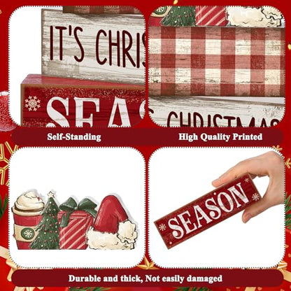Lineshading 4 Pcs Christmas Table Decoration Wooden Hot Cocoa Santa Hat Decorations Christmas Tiered Tray Decor Winter Centerpiece Decorative Santa Hat Hot Cocoa Gift Box Tree Block Signs for Home - style: Christmas