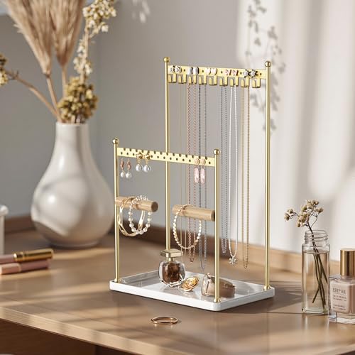 3 Tier Gold Jewelry Stand, Necklace Organizer, Earring Holder with 44 Holes and 9 Hooks, for Necklaces, Bracelets, Rings - color: Gold