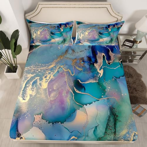 Erosebridal Golden Marble Grain Sheet Set Queen,Gradient Marble Texture Bed Sheets Marble Pattern Printed Abstract Fitted Sheet Ink Fluid Art Bed Cover Pastel Purple Teal Green Marble Decor - color: Multi 13, size: Queen