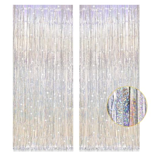 2 Pack 3.2ft x 8.2ft Silver Metallic Tinsel Foil Fringe Curtains, Door Streamer Photo Booth Backdrop for Birthday Graduation Engagement Bridal Shower Bachelorette Baby Shower Party Decorations - color: Silver