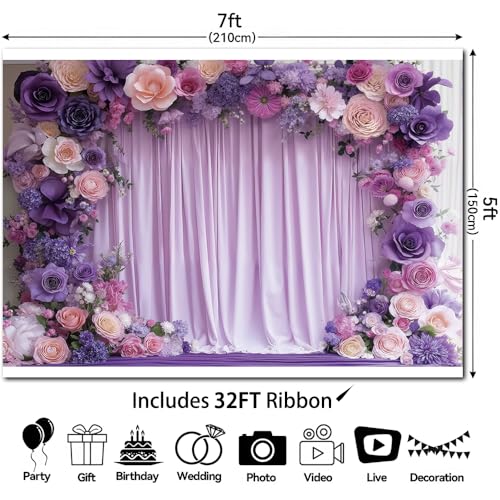 Purple Floral Arch Photo Backdrop Lavender Romantic Blossom Theme Photography Background Baby Bridal Shower Birthday Princess Wedding Party Banner Decoration Polyester 7x5ft