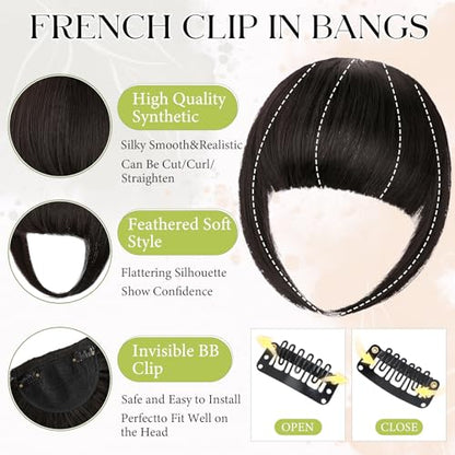 Bangs Hair Clip in Bangs, French Dark Brown Fake Bangs Hair Clip on Bangs for Women Fringe with Temples Hairpieces Faux Bangs for Daily Wear - color: Dark Brown