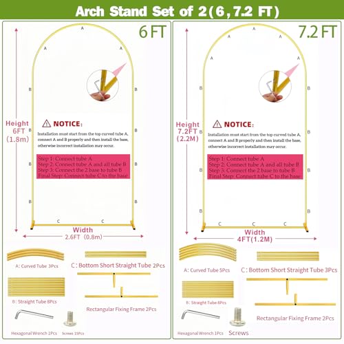 Metal Arch Backdrop Stand 7.2FT+6FT Wedding Arch Backdrop Stand Set of 2 Gold Arch Backdrop Stand for Valentines Day Party Wedding Ceremony Baby Shower Birthday Floral Balloon Decration - size: 6ft + 7.2ft Stand Set