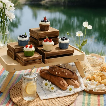 8PCS Wooden Buffet Risers and Stands with Reusable Table Signs, stackable Cube Rustic Wood Food Risers for Buffet Display, Cupcake Holder, Cupcake Stand, Dessert Table Display Set, 8PCS