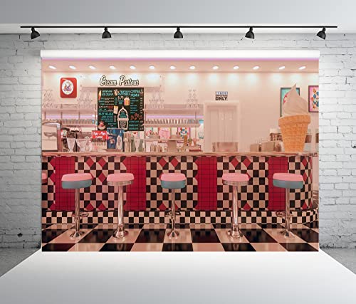 BELECO 9x6ft Fabric Vintage 50s Diner Backdrop for Photography - 1950s American Fast Food Soda Shop Restaurant Ice Cream Bar Stools Background - Party Decor Photo Booth Studio Props - size: 9x6FT