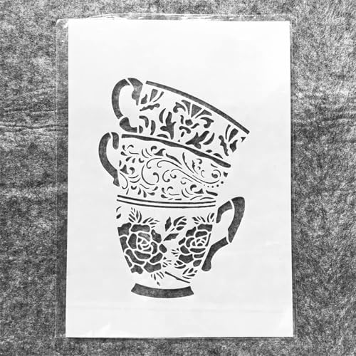 TIAMECH A4 Reusable Coffee Cup Stencil for Painting - Three Tea Cup Layering Template, DIY Wall Art, Wood Furniture, Scrapbook & Crafts (8.3x11.7inch) - style: Cups