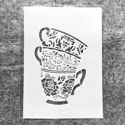 TIAMECH A4 Reusable Coffee Cup Stencil for Painting - Three Tea Cup Layering Template, DIY Wall Art, Wood Furniture, Scrapbook & Crafts (8.3x11.7inch) - style: Cups