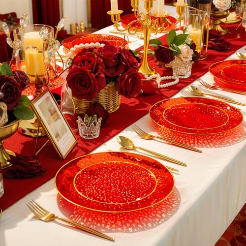 Rubtlamp 60 Pcs Red Plasitc Plates, Gold Red Disposable Plates, Fancy Party Plates, Hammered Plastic plates Include 30 Dessert Platos, 30 Dinner Platos for Party - color: Clear Red Gold