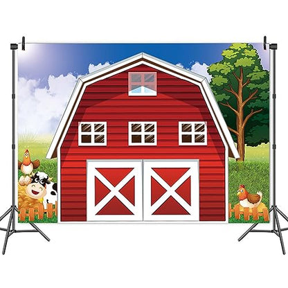 Cartoon Farm Photography Backdrop 7x5ft Animals Rustic Farmhouse Red Barn Photo Background for Kids Birthday Party Decoration Barnyard Baby Shower Newborn Photobooth Banner - size: 7x5 FT