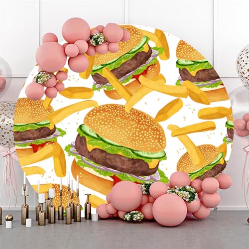 Hamburger French Fries Round Backdrop Cover 7.2x7.2ft Fast Food Photograhy Background Birthday Party Supplies Burger Shop Decoration Banner Photo Booth Props - size: 7.2x7.2