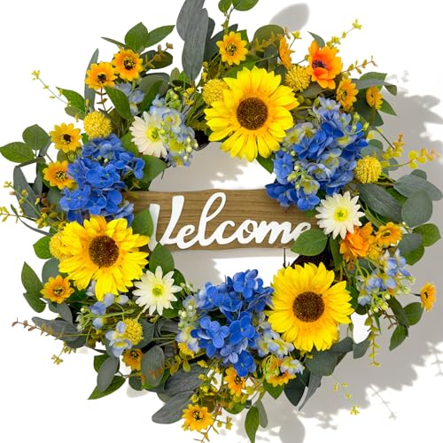 24" Spring Wreaths for Front Door Summer Wreath with Sunflowers, Welcome Sign, Blue Hydrangea, Eucalyptus, Daisy Artificial Floral Flower for Home Porch Wall Firplace Outdoor Fall Decoration