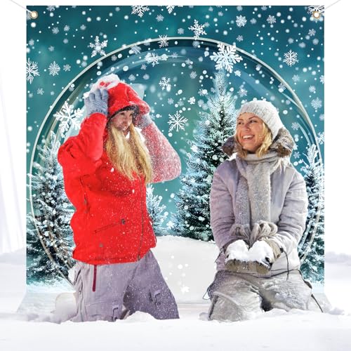 Mindsoft 7 x 5ft Winter Snow Globe Backdrop Snowflake Wall Decor Banner Winter Photography Background Wonderland Snow Crystal Ball Floor Background for Party Photoshoot Studio Booth Props