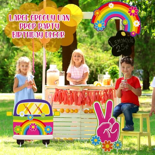 Soulchen 3 Pcs 24 Inch Large Hippie Photo Booth Props Retro Groovy Birthday Party Decorations Boho Bus Peace Sign Hand Rainbow Daisy Frame Backdrop for 60s 70s Hippie Party Supplies - style: Bright Hippie