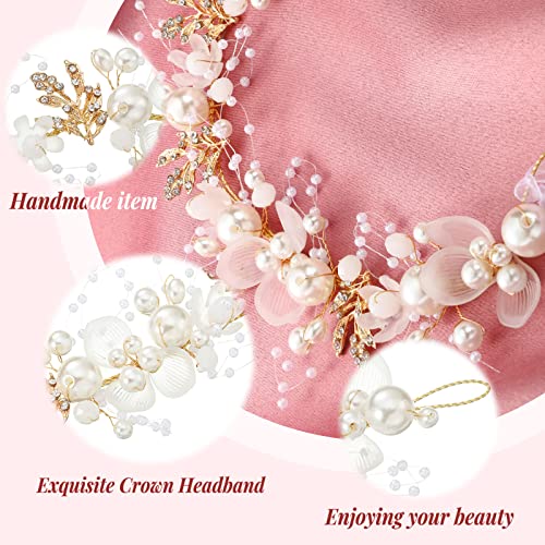 Retrowavy 2 Pcs Flower Girl Headpiece, Flower Girl Hair Accessories Rhinestone Crystal Princess Pearl Headband Bridal Hair Headband for Wedding First Communion(Gold) - color: Gold