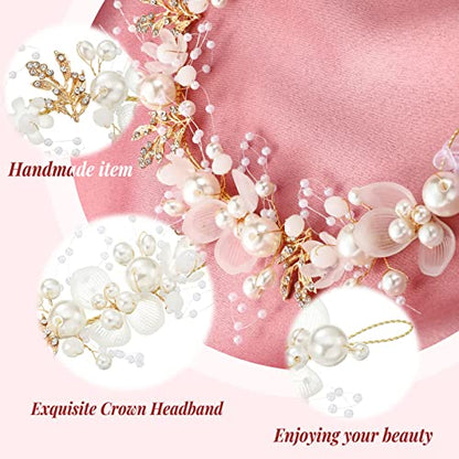 Retrowavy 2 Pcs Flower Girl Headpiece, Flower Girl Hair Accessories Rhinestone Crystal Princess Pearl Headband Bridal Hair Headband for Wedding First Communion(Gold) - color: Gold