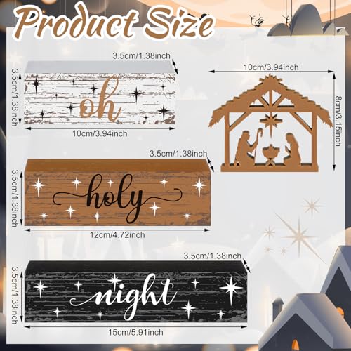 Geelin 4 Pieces Christmas Nativity Scene Table Decorations Xmas Wooden Silent Night Block Signs Holy Night Tabletop Centerpieces Farmhouse Tiered Tray Decor for Home Table Kitchen Shelf - style: Jesus