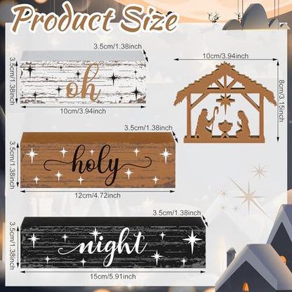 Geelin 4 Pieces Christmas Nativity Scene Table Decorations Xmas Wooden Silent Night Block Signs Holy Night Tabletop Centerpieces Farmhouse Tiered Tray Decor for Home Table Kitchen Shelf - style: Jesus