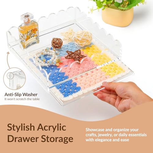 Acrylic Trays for Needlepoint 6" x 6", Scalloped Acrylic Tray with Drawer for Insert Needlepoint, Photos, Art, Fabric, Napkin, Messages Display Basket, Decorative Tray Gift for Home Office - size: 6''x6''x2.5''