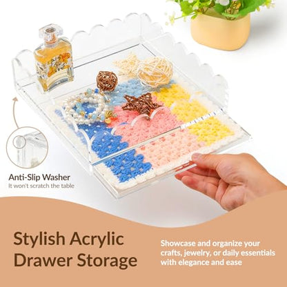 Acrylic Trays for Needlepoint 6" x 6", Scalloped Acrylic Tray with Drawer for Insert Needlepoint, Photos, Art, Fabric, Napkin, Messages Display Basket, Decorative Tray Gift for Home Office - size: 6''x6''x2.5''