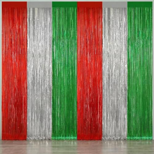 2 Pack Christmas Backdrop, Red Silver Green Party Streamer, Metallic Xmas Backdrop Fringe Curtains Foil Tinsel, Christmas Decorations Wall Decor Streamers Photo Booth Props - color: Red Silver Green