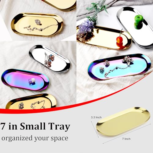 Stainless Steel Decorative Tray, Set of 2, 7 Inch Long, Jewelry Dish Cosmetics Organizer Bathroom Clutter Serving Platter Small Storage Tray, Oval, Gold - color: Gold