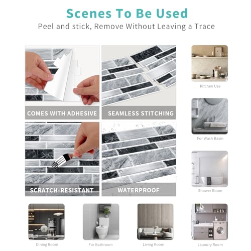Heikki Peel-and-Stick Self-Adhesive Wall Tiles, 4.7×9.7-inch Kitchen & Bathroom Splashback Tiles, Marble Pattern Design (48-Piece Set) (Black-Gray) - color: Black-Gray