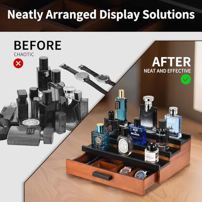 Perfume Organizer for Men, 3 Tier Wood Perfume Display Stand with Velvet Lining Drawer and Hidden Compartment for Watch,Jewelry,Perfume Display Risers,A Gift for Men (Black+Walnut) - style: 3 Tier - BlackWalnut
