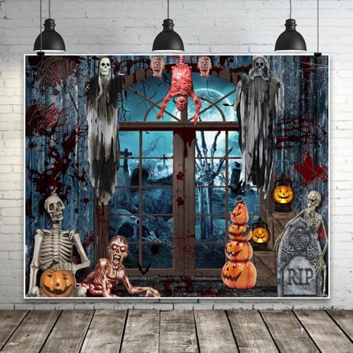 Halloween Backdrop for Photography 10x8ft Scary Haunted House Halloween Photo Backdrop Horror Cemetery Bloody Zombie Skulls Photography Background Party Decor Kids Adult Portrait Photo Booth Props