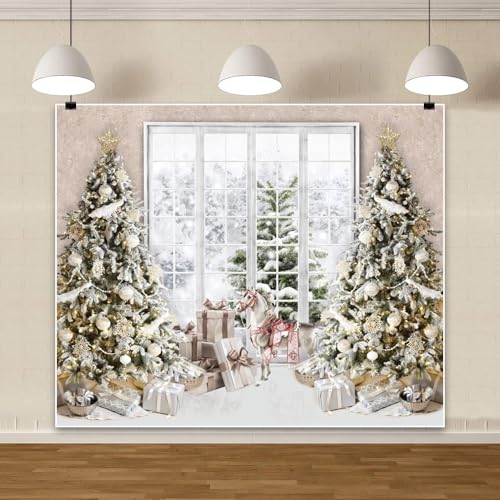 Christmas Window Backdrop Snow Forest Big Snow Photography Background White Xmas Tree Horse Decor Birthday Baby Shower Party Banner Festival Photo Studio Props Supplies 8 * 6ft - color: White, size: 8x6ft
