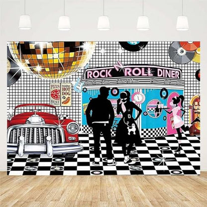 Disco Retro Style Photo Backdrop - 50's Rock Roll Prom Dance Birthday Diner Party Decor - Retro Diner Time Classic Car Party Decoration Banner, 9x6FT - size: 9X6FT