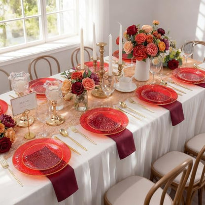 I00000 150Pcs Red Plastic Plates with Gold Rim,Fancy Plastic Plates,Red hammer patterned Disposable plates Set include 30 Dinner Plate,30 Dessert Plate,90 plastic Silverware Set for Valentine's Day - color: Clear and red
