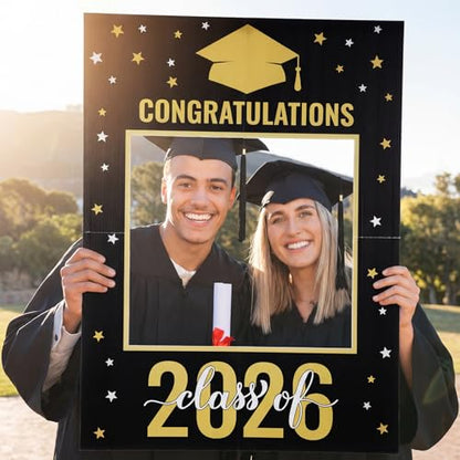 Vicenpal Large Graduation Photo Booth Prop PVC Frame for Photoshoot Class of 2026 Decoration Congrats Grad Party 32 x 24 Inch Black and Gold Hollow Board Suitable for Graduation Party Supply Gifts