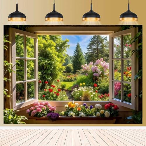 Spring Summer Garden Window Backdrop for Photography Floral Nature Landscape Photo Background Flowers and Trees Vibrant Flowers Party Decorations Banner Wedding Baby Shower Party Supplies 9x6ft - size: 9X6FT