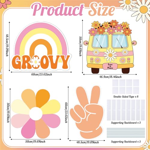 4 Pcs 24 Inch Large Hippie Photo Booth Props Retro Groovy Cardboard Cutout Party Decorations Boho Bus Daisy Peace Sign Hand Rainbow Frame Backdrop for 60s 70s Hippie Baby Shower Party Supply - style: Hippie