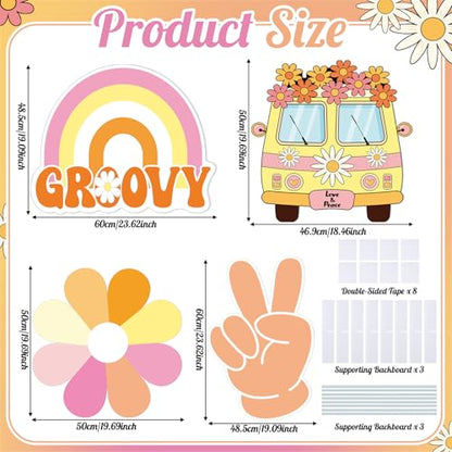 4 Pcs 24 Inch Large Hippie Photo Booth Props Retro Groovy Cardboard Cutout Party Decorations Boho Bus Daisy Peace Sign Hand Rainbow Frame Backdrop for 60s 70s Hippie Baby Shower Party Supply - style: Hippie