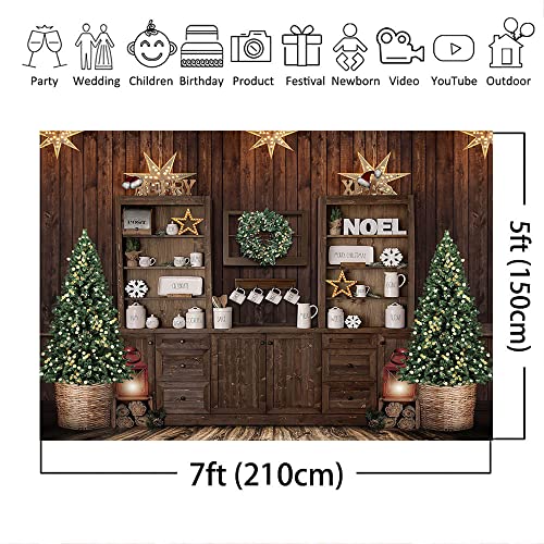 Mocsicka Christmas Kitchen Photography Backdrop Retro Wood Wall Cooking House Family Party Background Pine Tree Decoration Xmas Baby Kids Portrait Photo Studio Photobooth Props (7x5ft)