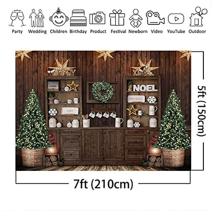 Mocsicka Christmas Kitchen Photography Backdrop Retro Wood Wall Cooking House Family Party Background Pine Tree Decoration Xmas Baby Kids Portrait Photo Studio Photobooth Props (7x5ft)