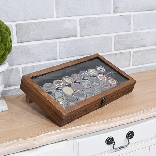MOOCA Tempered-Glass Top Wooden Jewelry Display Case with Removable Base, Black Luxurious Velvet Jewelry Display Pad & 20 Removable Pins, Deeper 2.2" Design for Collectibles, Brown Color