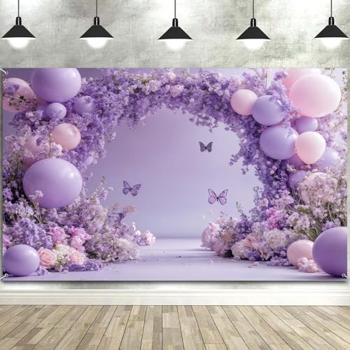 7x5ft Purple Butterfly Floral Backdrop Lavender Backdrops Flower Butterfly Balloon Photography Background for Girls Birthday Party Princess Weeding Bridal Baby Shower Backdrop Photo Shoot Props - color: Purple Pink-02, size: 7X5FT