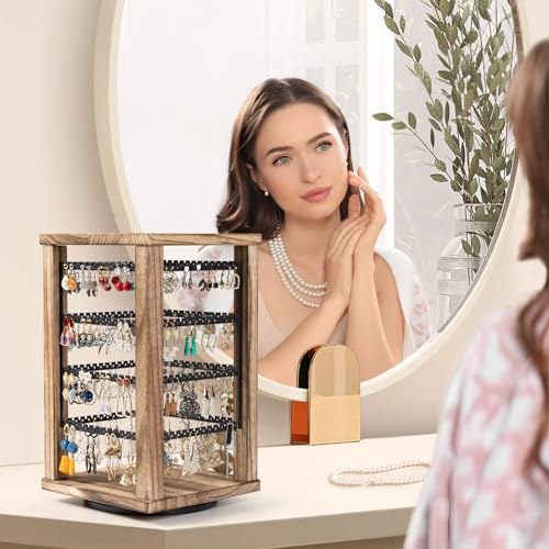 Emfogo 360 Earring Holder Organizer, Rustic Wood Earring Stand, Rotating Wooden Display, 4 Tiers Earring Organizer Stand for Stud Earrings, Hoop Earrings & Necklaces, Women Gifts - color: Brown