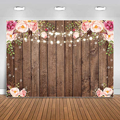 Sensfun 8x6ft Rustic Wood Floral Backdrop for Baby Shower Newborn Studio Picture Photography Retro Wooden Floor Pink Flower Wall Background Wedding Bridal Shower Birthday Party Photoshoot Booth Banner - size: 8X6ft