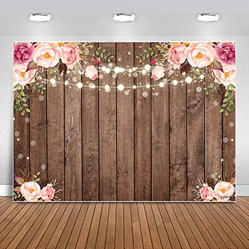 Sensfun 7x5ft Rustic Wood Floral Backdrop for Baby Shower Newborn Studio Picture Photography Retro Wooden Floor Pink Flower Wall Background Wedding Bridal Shower Birthday Party Photoshoot Booth Banner - size: 7X5ft