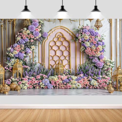 6X4ft Arabian Moroccan Party Backdrop, Moroccan Purple Floral Luxurious Golden Palace Wall Photo Backdrop for Princess Wedding Birthday Baby Shower Party Background Decorations Photo Studio Props,4 - color: Multi4, size: 6 x 4 ft