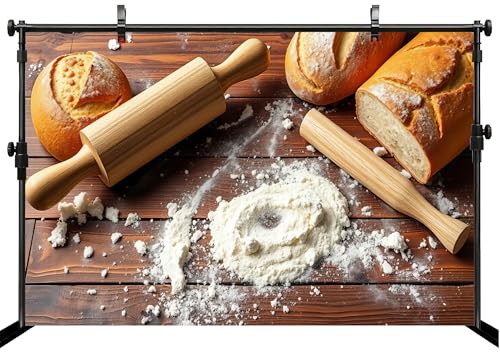 5x4ft Baking Backdrop Wooden Table Fresh Bread Flour Rolling Pin Rustic Kitchen Style Background for Birthday Baking Theme Party Cooking Classes Food Photography Decor Booth Props Banner - size: 5x4FT
