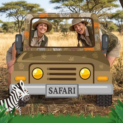 Capoda Safari Truck Photo Backdrop Stand up Cardboard Cutout for Jungle Party Decorations - 60 x 54 Inch Forest Animal Adventure Car Standee with Face Opening for Zoo Birthday Party Family Activity - style: Jungle Safari Car