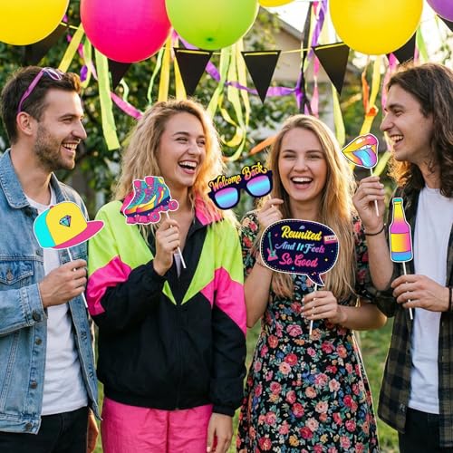 24PCS 90s Class Reunion Photo Booth Props, Retro 1990s Party Decorations with Neon Glasses, Boombox, Best Class Ever Reunited Forever 90's Photo Props for Welcome Back High School Reunion